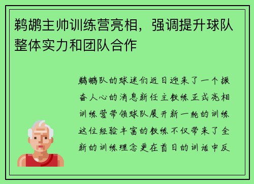 鹈鹕主帅训练营亮相，强调提升球队整体实力和团队合作